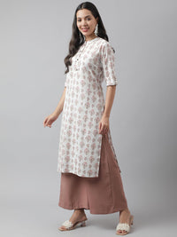 Divena White & Pink Floral Printed Straight Kurta - divena world