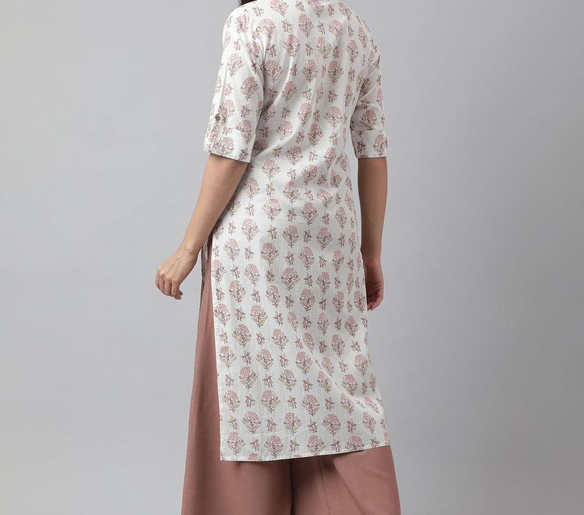 Divena White & Pink Floral Printed Straight Kurta - divena world