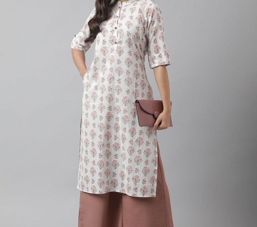 Divena White & Pink Floral Printed Straight Kurta - divena world