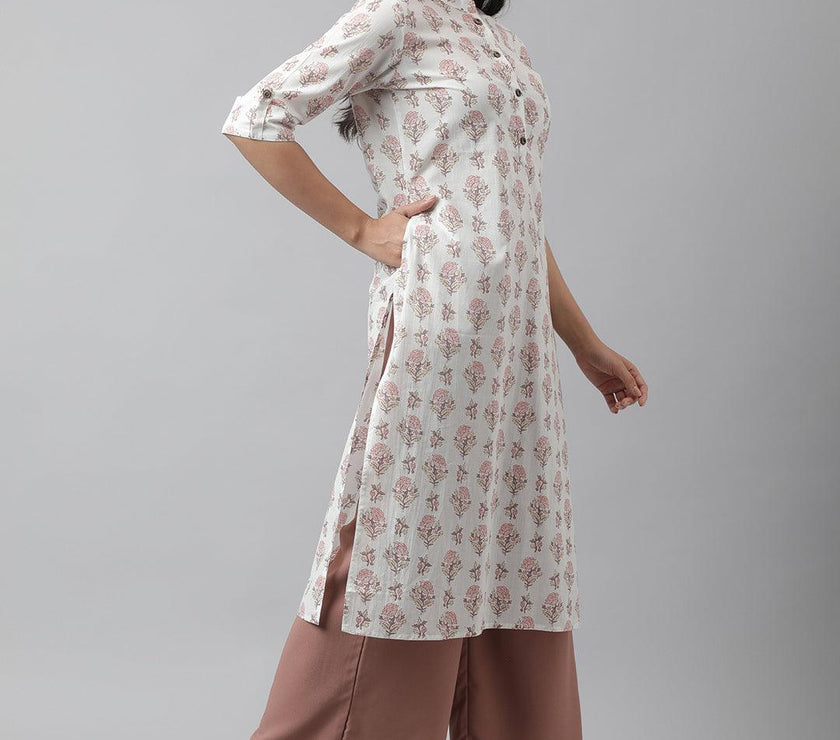 Divena White & Pink Floral Printed Straight Kurta - divena world