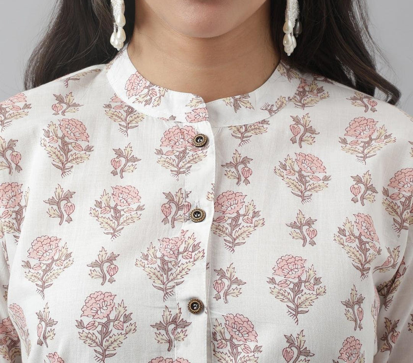 Divena White & Pink Floral Printed Straight Kurta - divena world