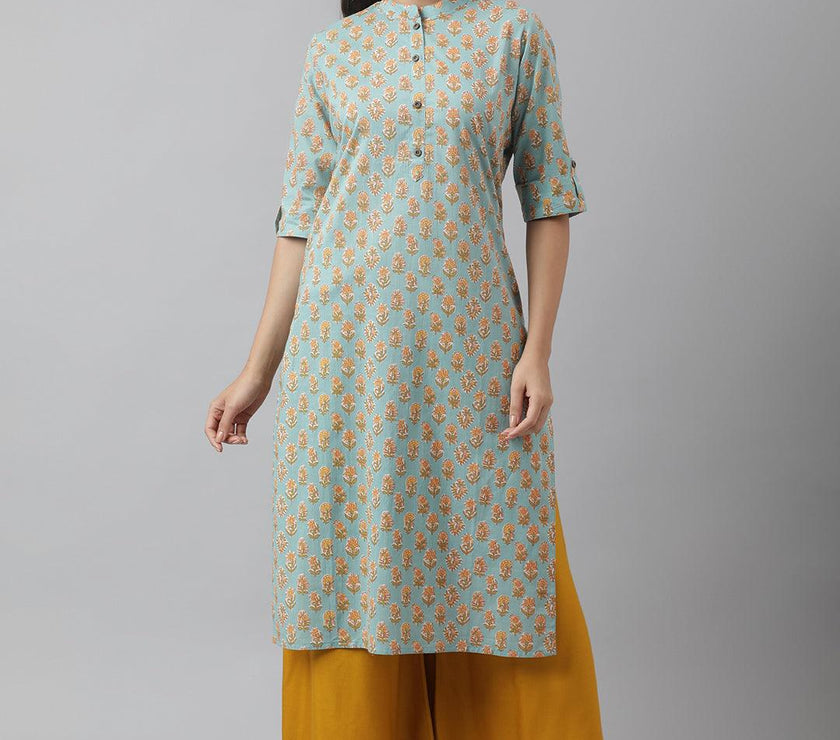 Divena Seagreen & Yellow Floral Printed Straight Kurta - divena world