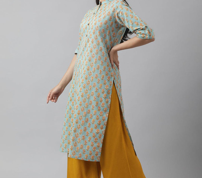 Divena Seagreen & Yellow Floral Printed Straight Kurta - divena world