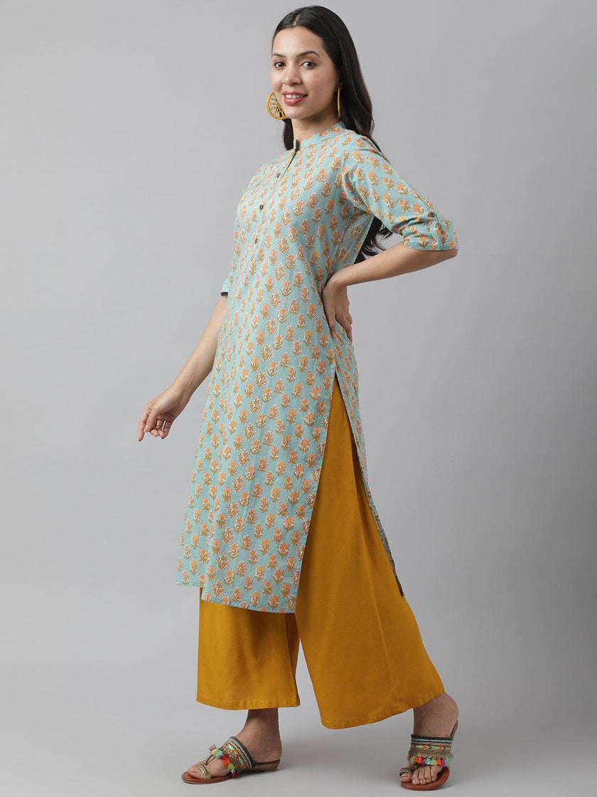 Divena Seagreen & Yellow Floral Printed Straight Kurta - divena world