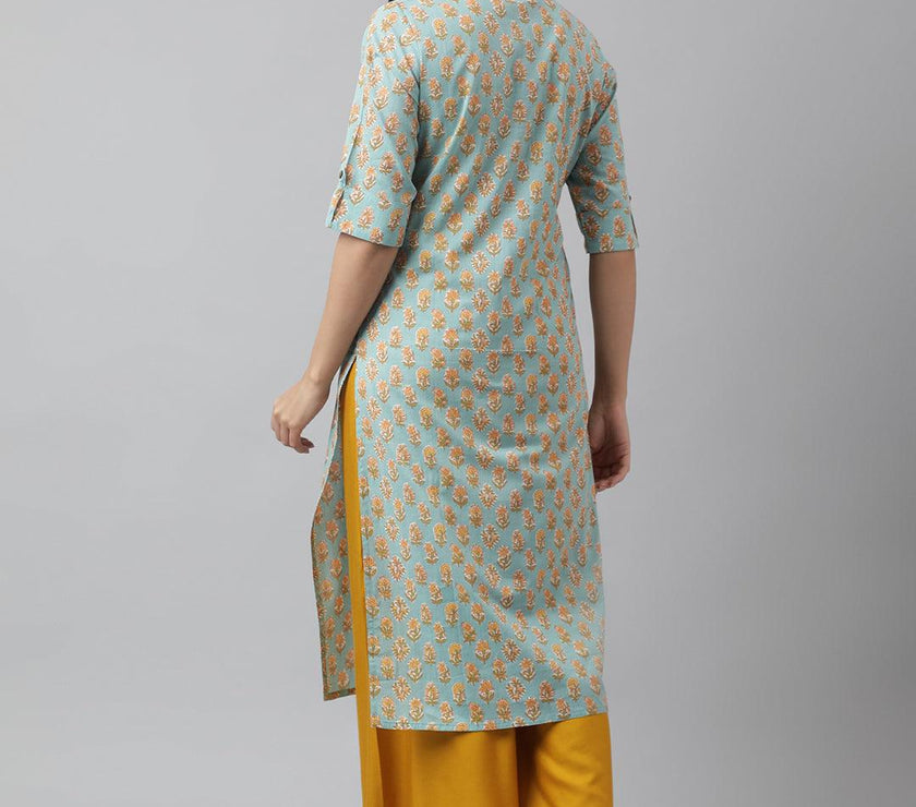 Divena Seagreen & Yellow Floral Printed Straight Kurta - divena world