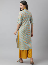 Divena Seagreen & Yellow Floral Printed Straight Kurta - divena world