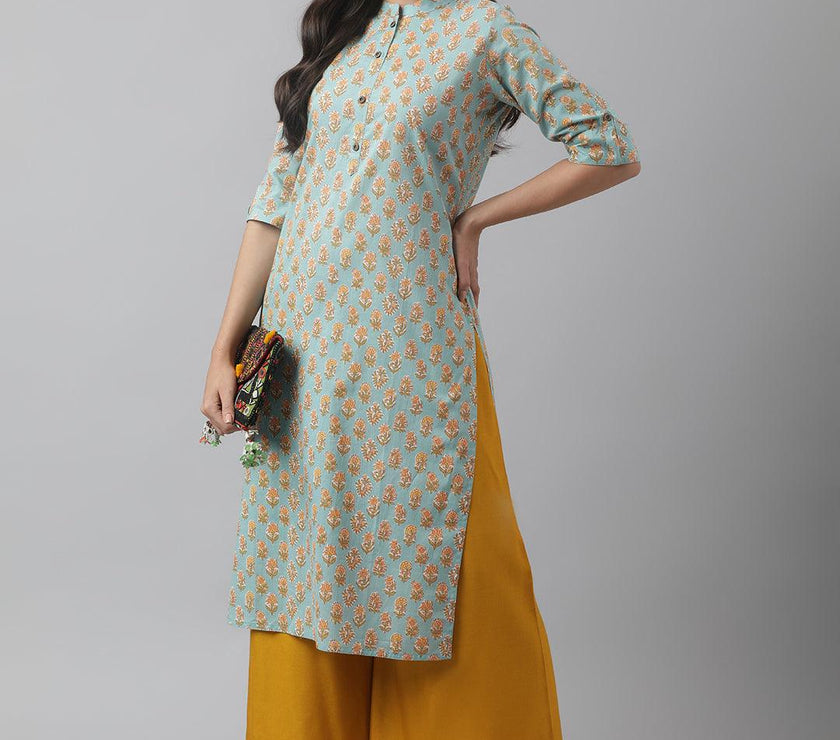 Divena Seagreen & Yellow Floral Printed Straight Kurta - divena world