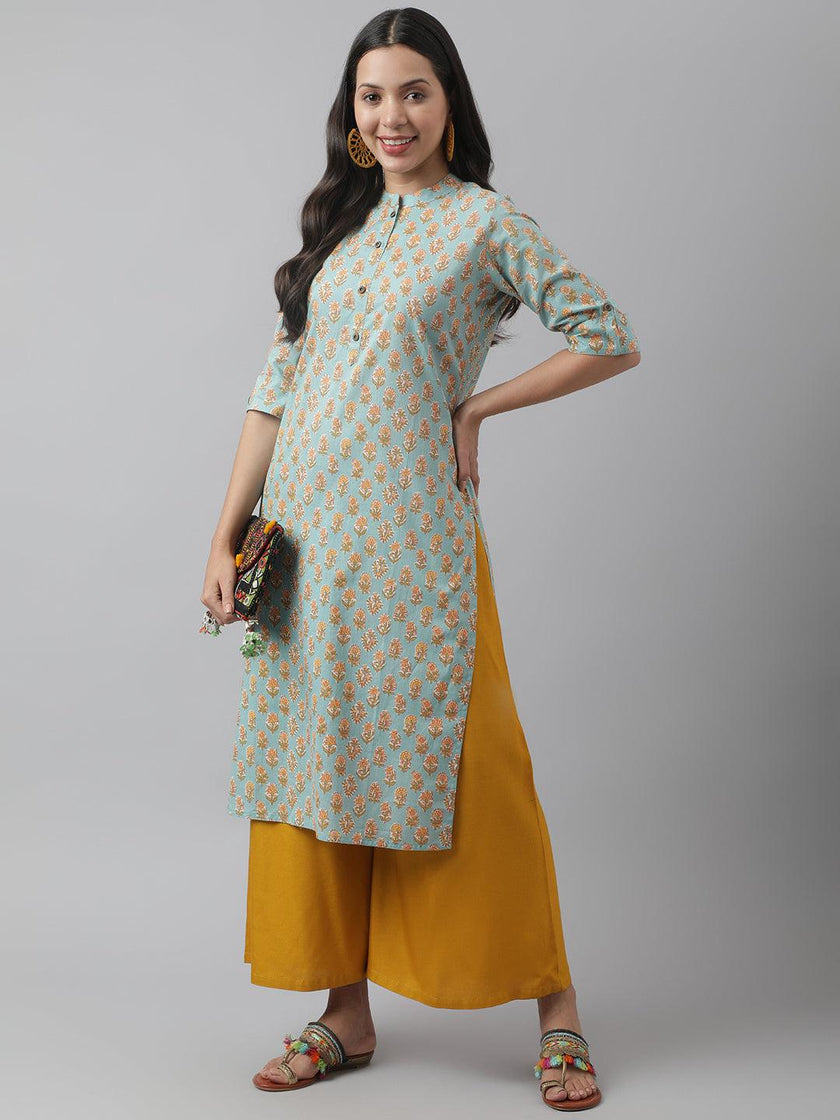 Divena Seagreen & Yellow Floral Printed Straight Kurta - divena world