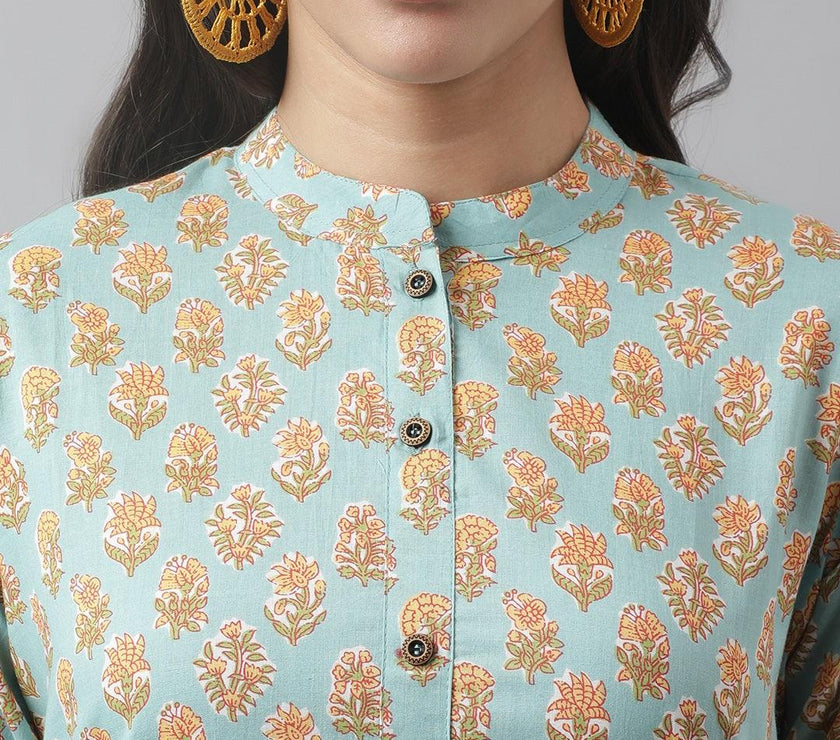 Divena Seagreen & Yellow Floral Printed Straight Kurta - divena world