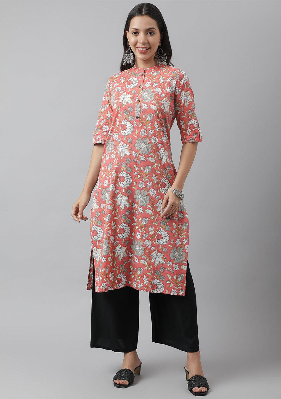 Divena Pink & Multi Floral Printed Straight Kurta