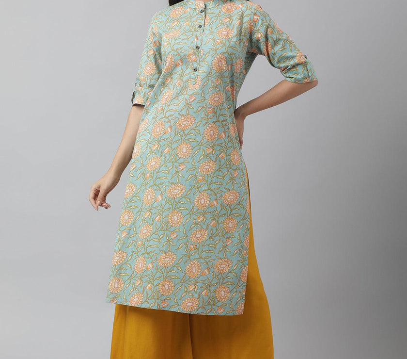 Divena Sea Green Floral Printed Straight Kurta - divena world