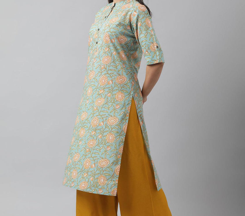 Divena Sea Green Floral Printed Straight Kurta - divena world