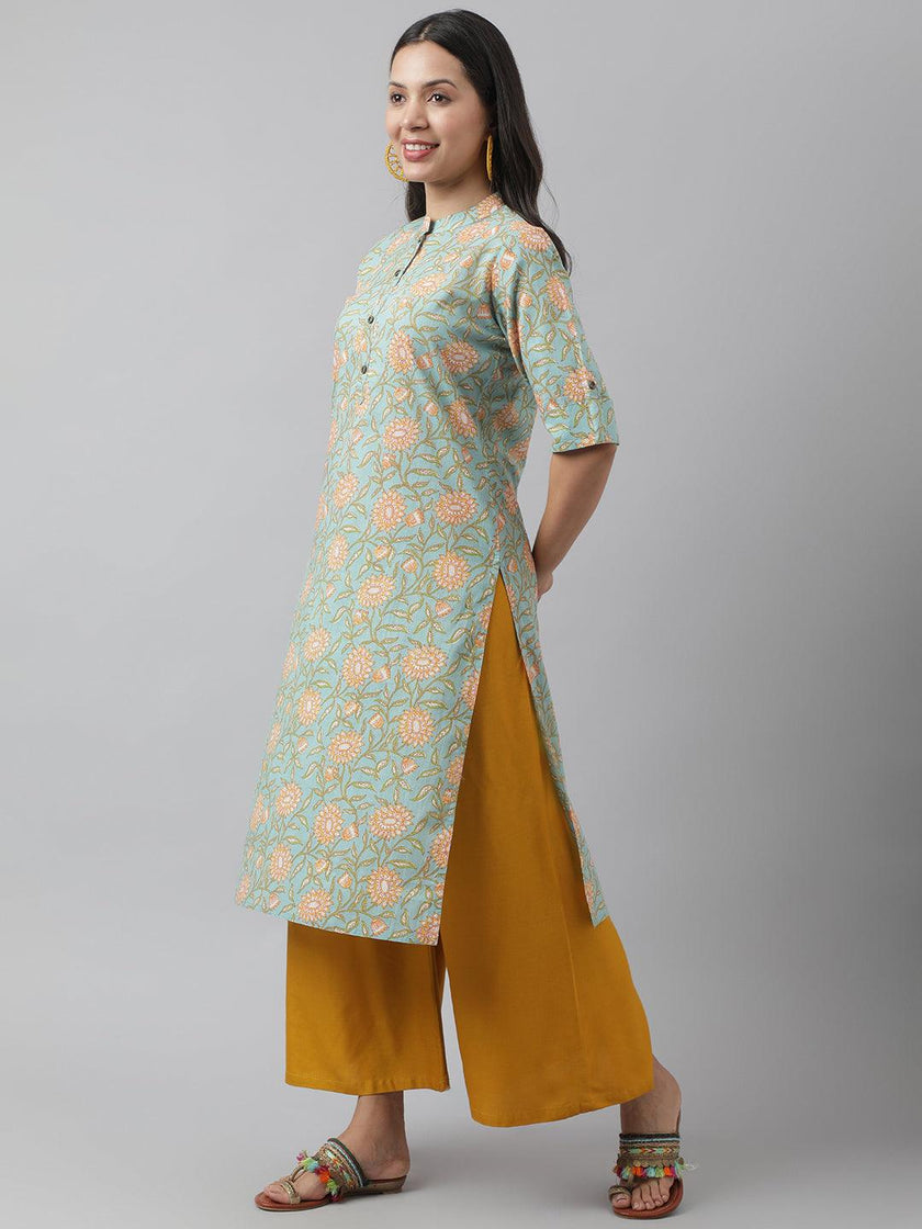 Divena Sea Green Floral Printed Straight Kurta - divena world