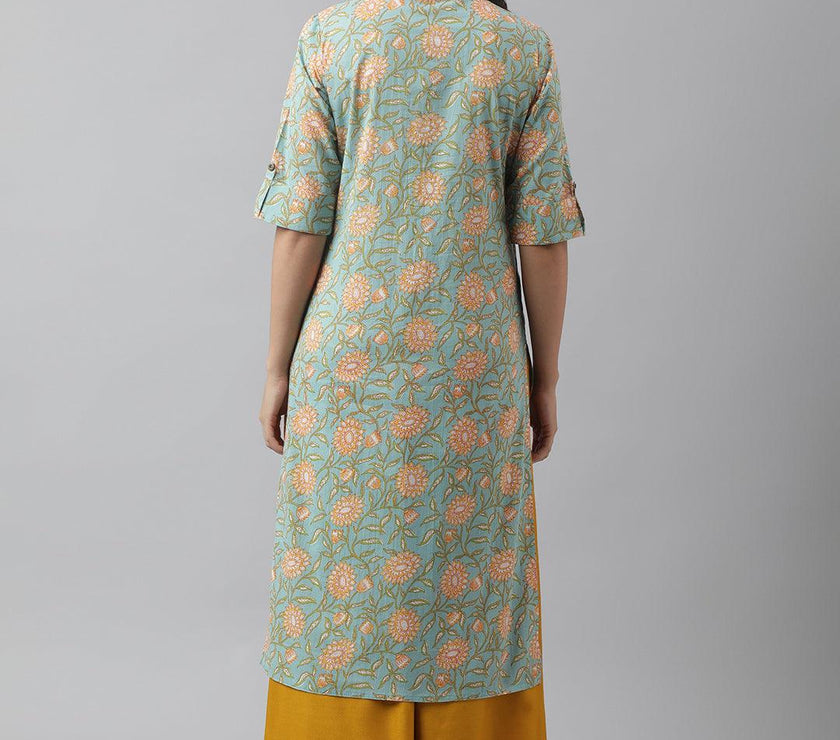 Divena Sea Green Floral Printed Straight Kurta - divena world