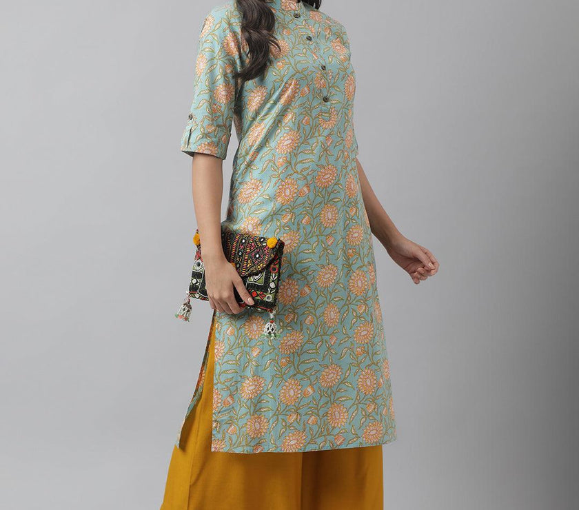 Divena Sea Green Floral Printed Straight Kurta - divena world