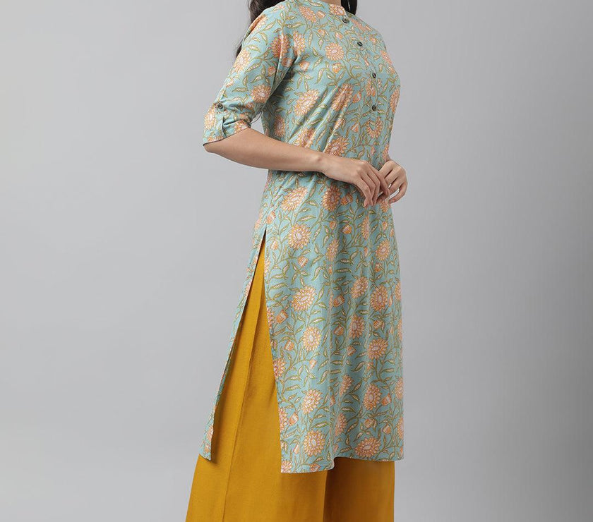 Divena Sea Green Floral Printed Straight Kurta - divena world