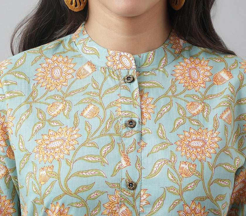 Divena Sea Green Floral Printed Straight Kurta - divena world