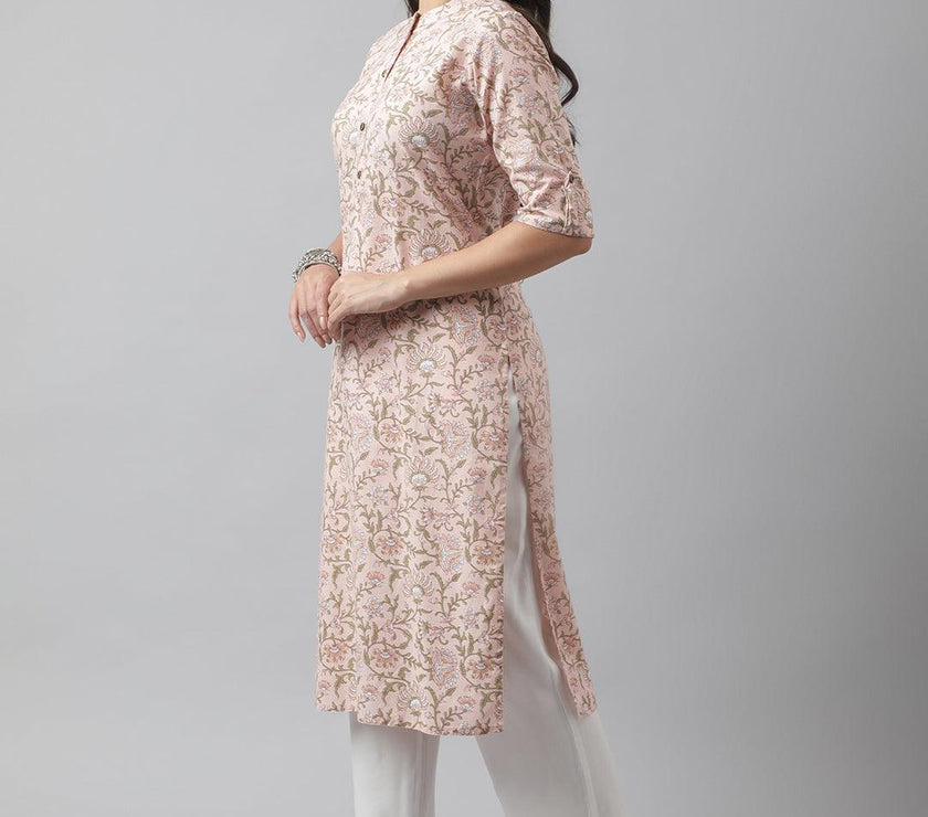 Divena Baby Pink Floral Printed Straight Kurta - divena world