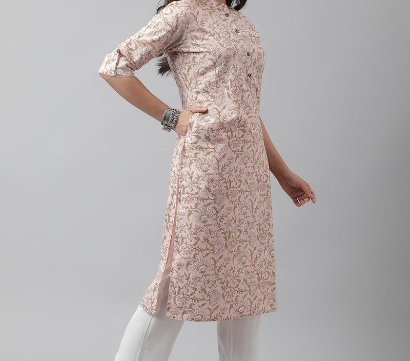 Divena Baby Pink Floral Printed Straight Kurta - divena world