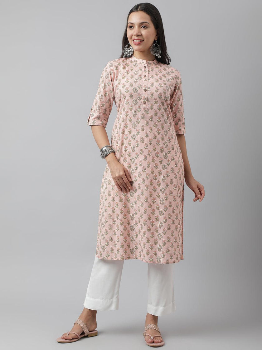 Divena Soft Pink Floral Printed Straight Kurta - divena world