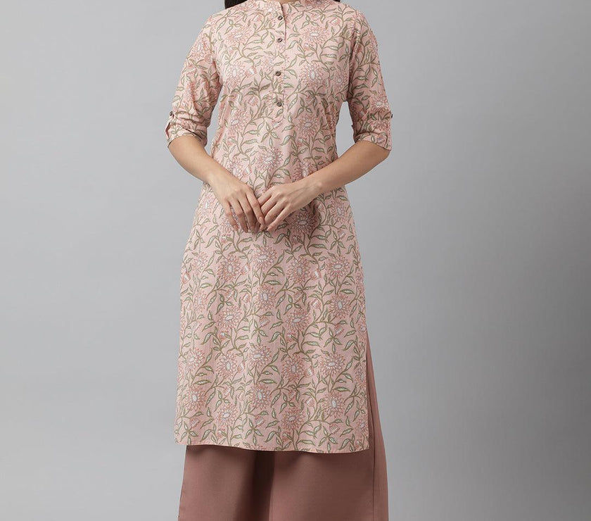 Divena Baby Pink & Green Floral Printed Straight Kurta - divena world