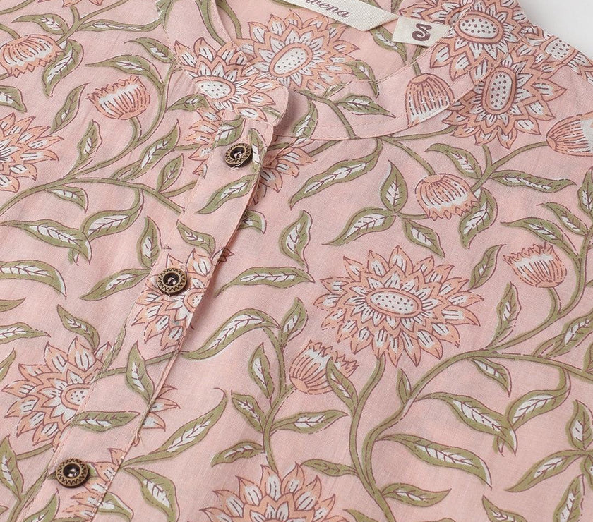 Divena Baby Pink & Green Floral Printed Straight Kurta - divena world