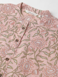 Divena Baby Pink & Green Floral Printed Straight Kurta - divena world