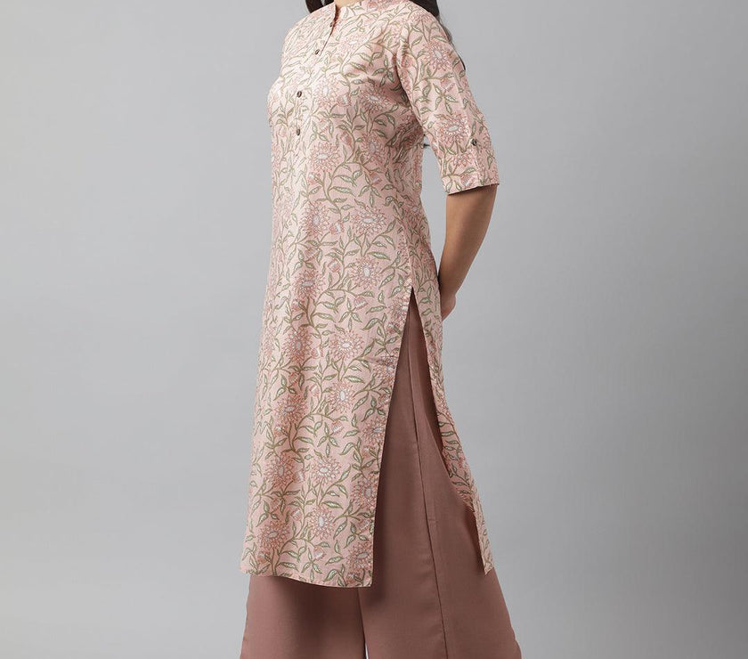 Divena Baby Pink & Green Floral Printed Straight Kurta - divena world