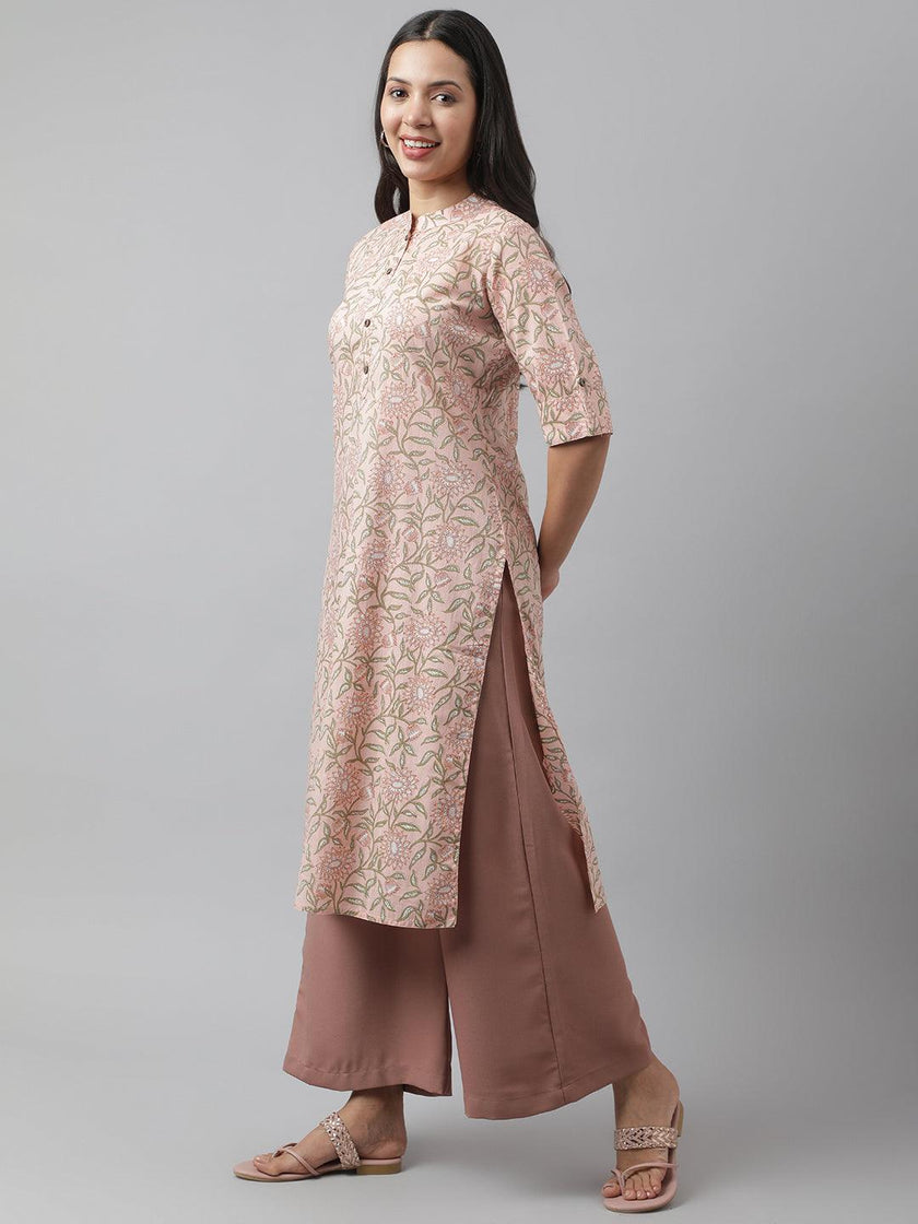 Divena Baby Pink & Green Floral Printed Straight Kurta - divena world