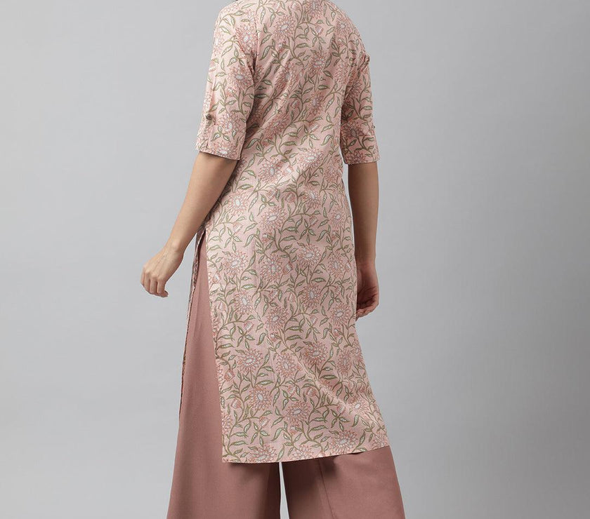 Divena Baby Pink & Green Floral Printed Straight Kurta - divena world