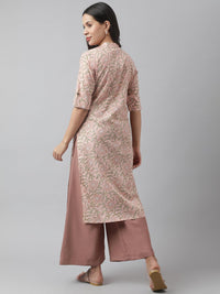 Divena Baby Pink & Green Floral Printed Straight Kurta - divena world