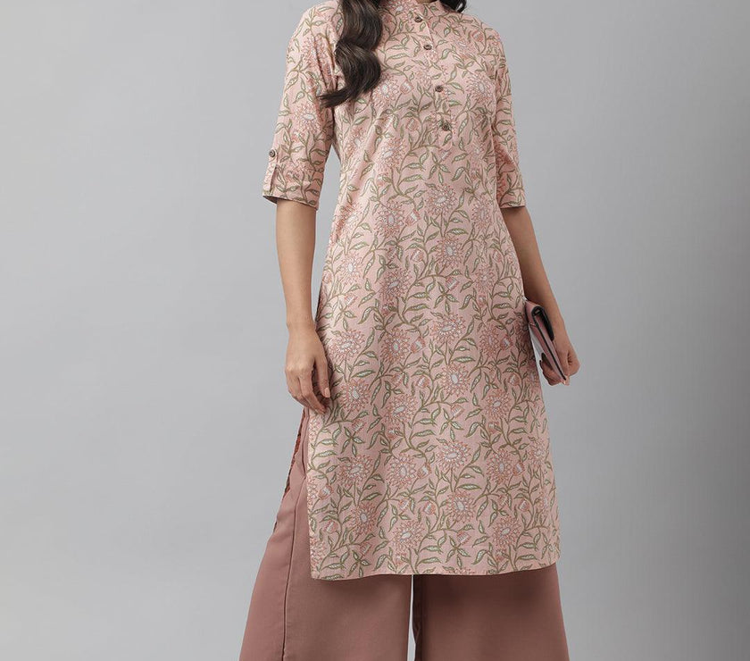 Divena Baby Pink & Green Floral Printed Straight Kurta - divena world