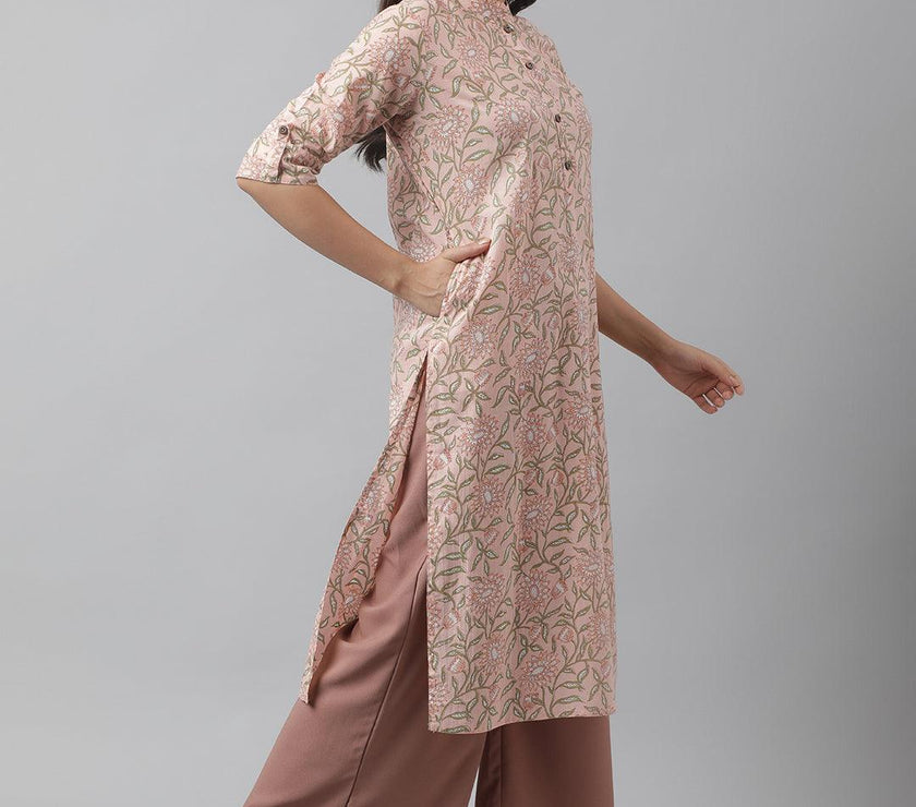 Divena Baby Pink & Green Floral Printed Straight Kurta - divena world