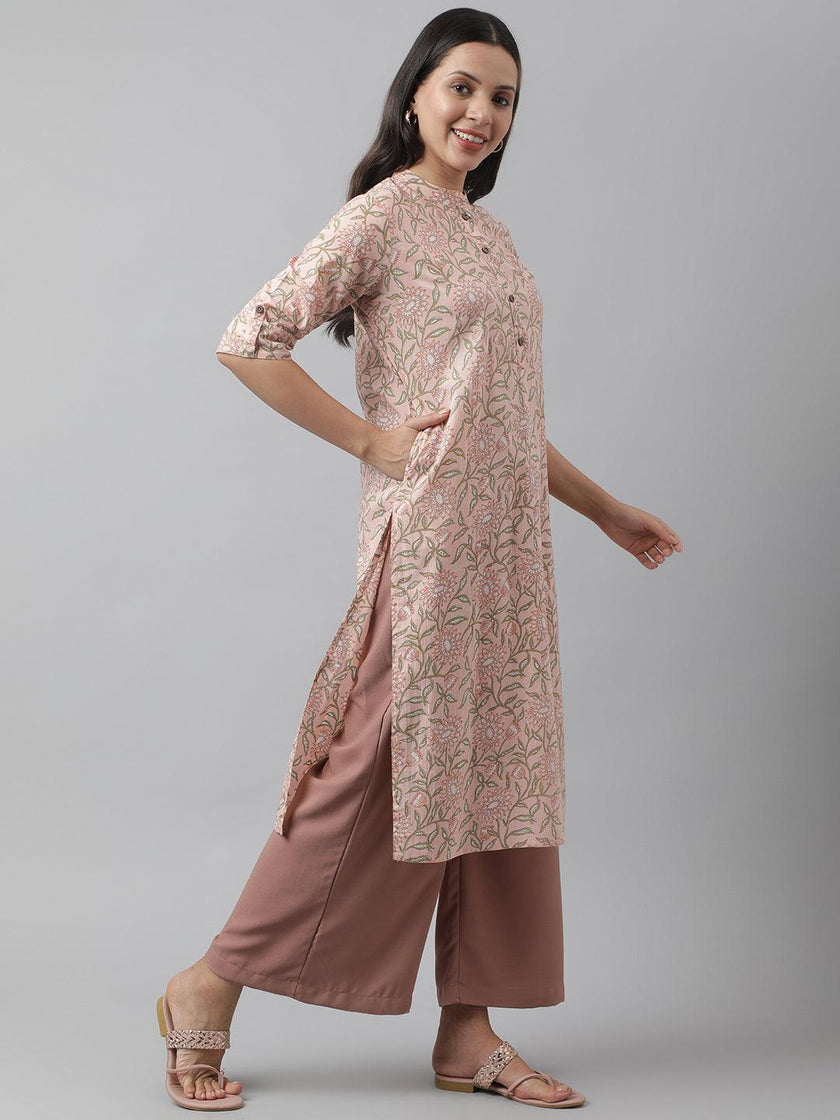 Divena Baby Pink & Green Floral Printed Straight Kurta - divena world