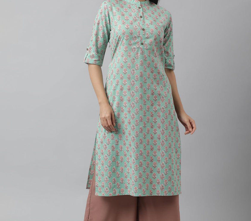 Divena Green Floral Printed Straight Kurta - divena world