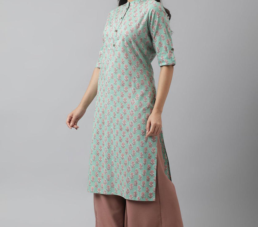 Divena Green Floral Printed Straight Kurta - divena world