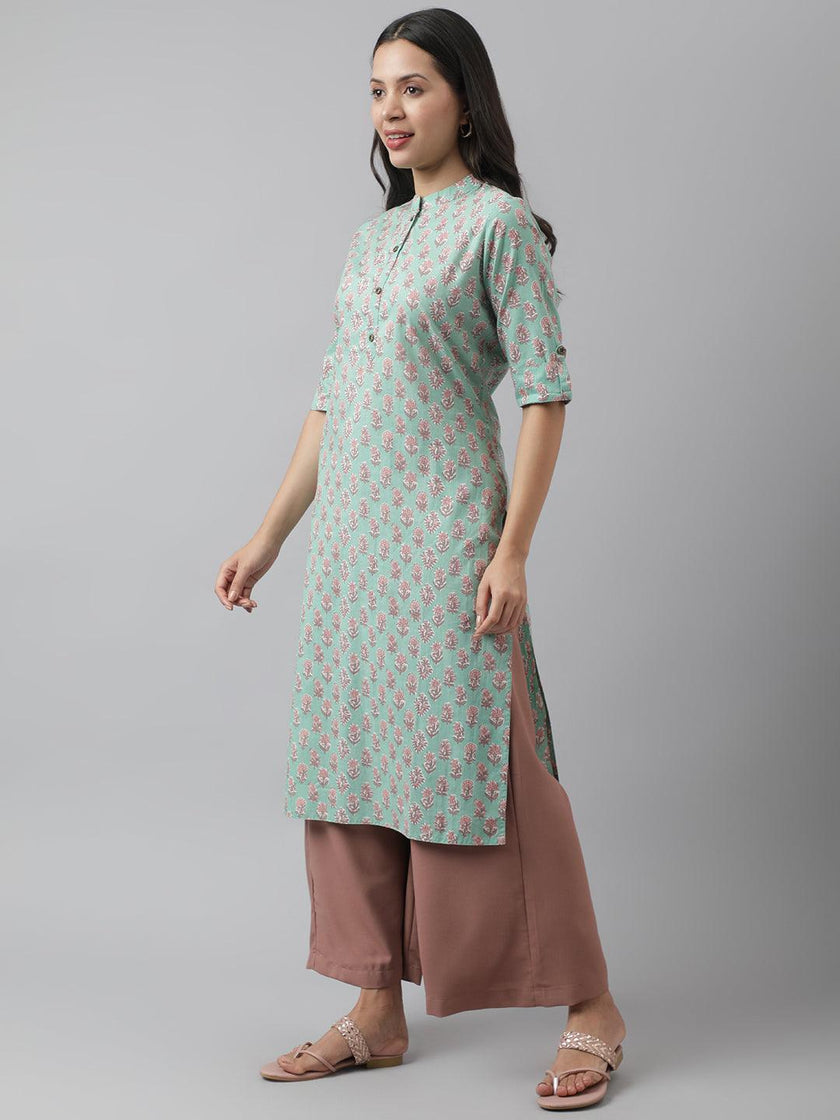 Divena Green Floral Printed Straight Kurta - divena world