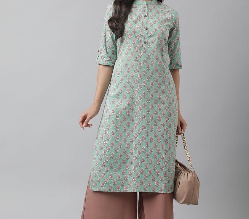 Divena Green Floral Printed Straight Kurta - divena world