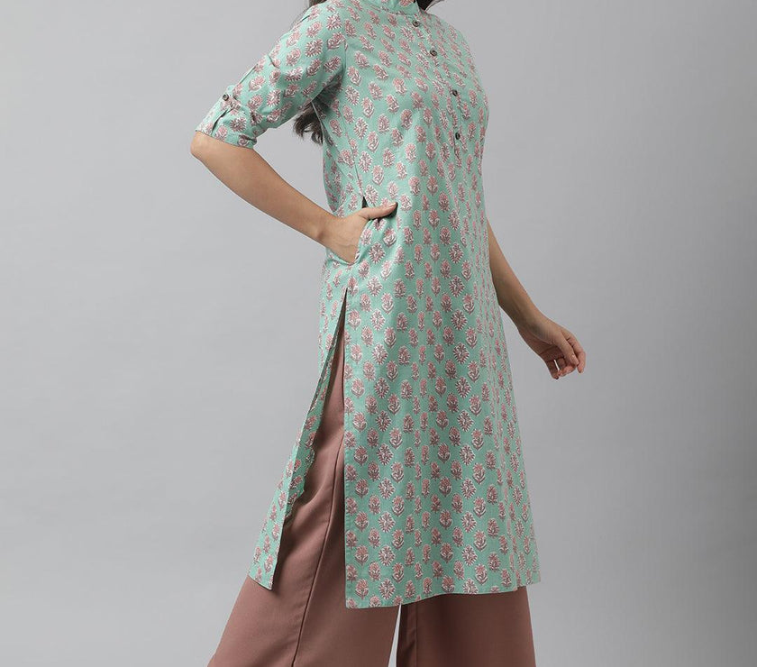 Divena Green Floral Printed Straight Kurta - divena world