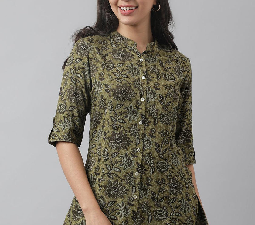 Divena Olive Green Floral Printed Rayon A-line Shirt Style Top - divena world