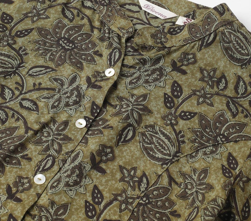 Divena Olive Green Floral Printed Rayon A-line Shirt Style Top - divena world