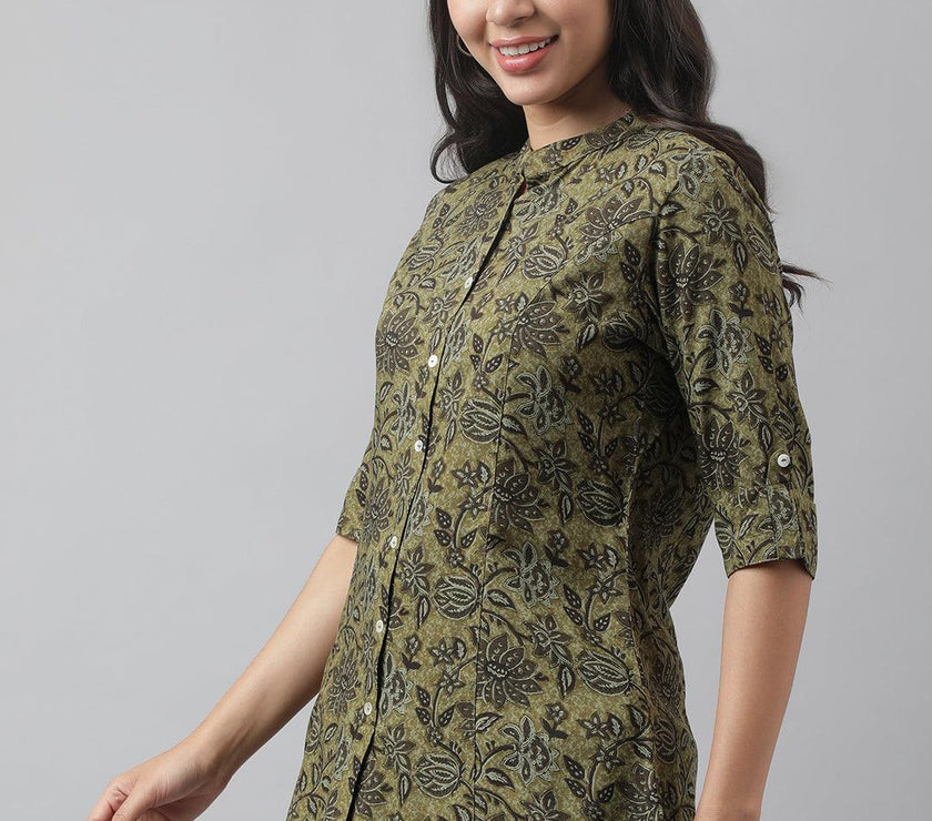 Divena Olive Green Floral Printed Rayon A-line Shirt Style Top - divena world