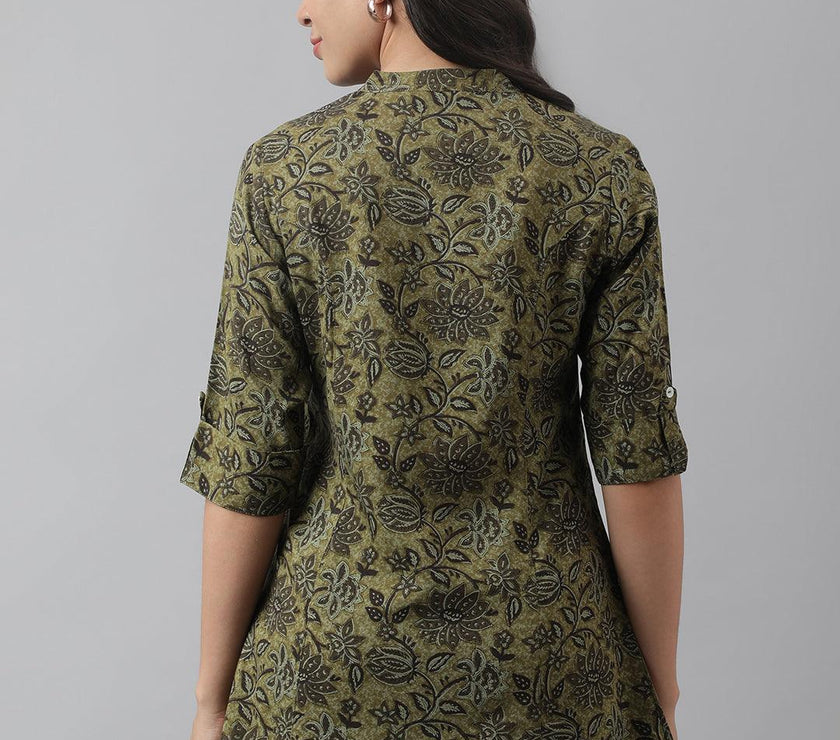 Divena Olive Green Floral Printed Rayon A-line Shirt Style Top - divena world