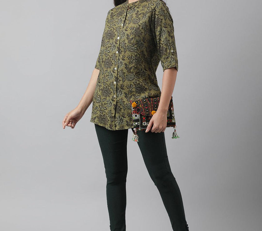 Divena Olive Green Floral Printed Rayon A-line Shirt Style Top - divena world