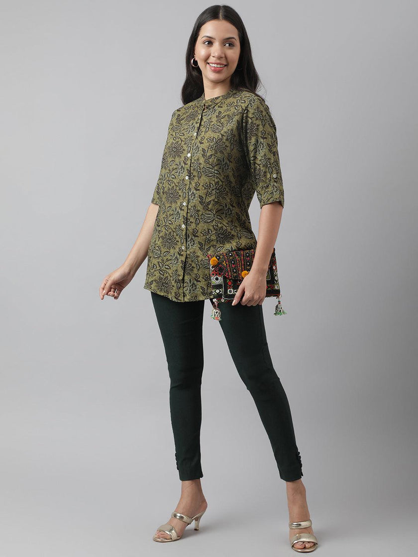 Divena Olive Green Floral Printed Rayon A-line Shirt Style Top - divena world