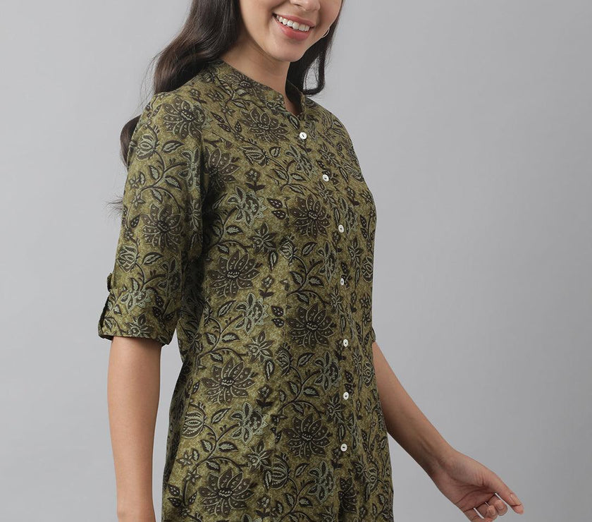 Divena Olive Green Floral Printed Rayon A-line Shirt Style Top - divena world