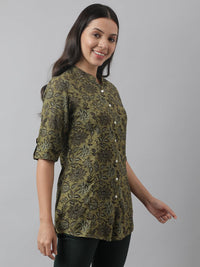 Divena Olive Green Floral Printed Rayon A-line Shirt Style Top - divena world