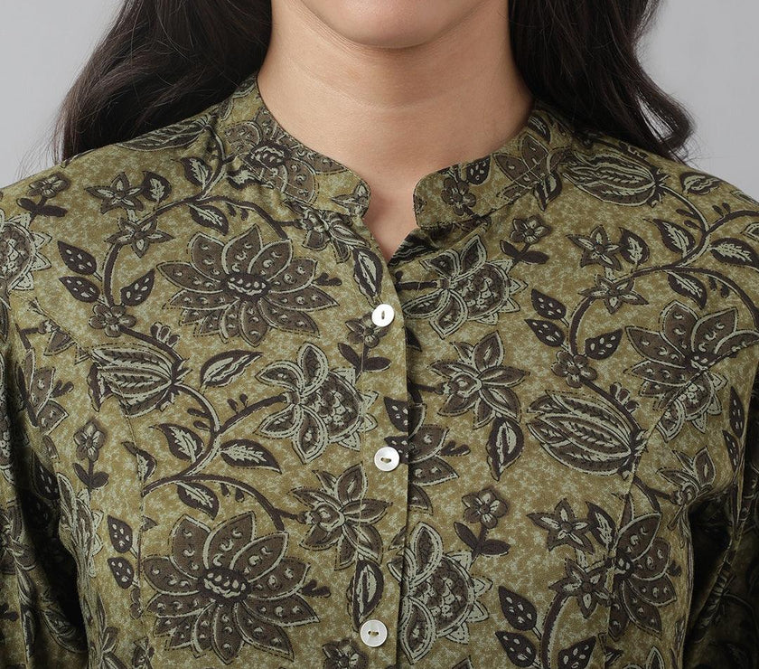 Divena Olive Green Floral Printed Rayon A-line Shirt Style Top - divena world