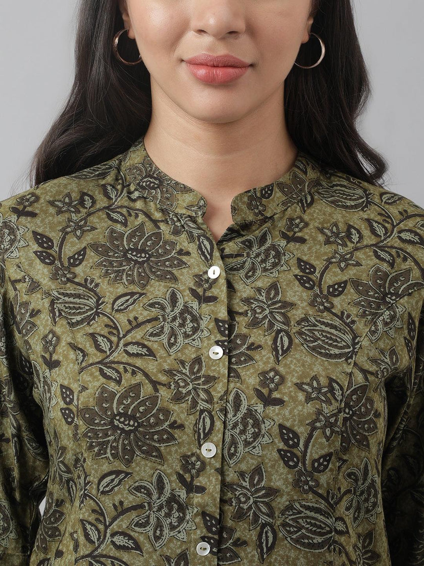 Divena Olive Green Floral Printed Rayon A-line Shirt Style Top - divena world