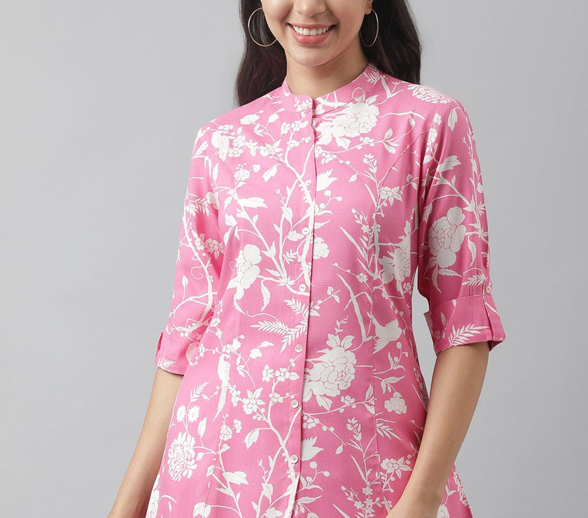 Divena Light Pink Floral Printed Rayon A-line Shirt Style Top - divena world